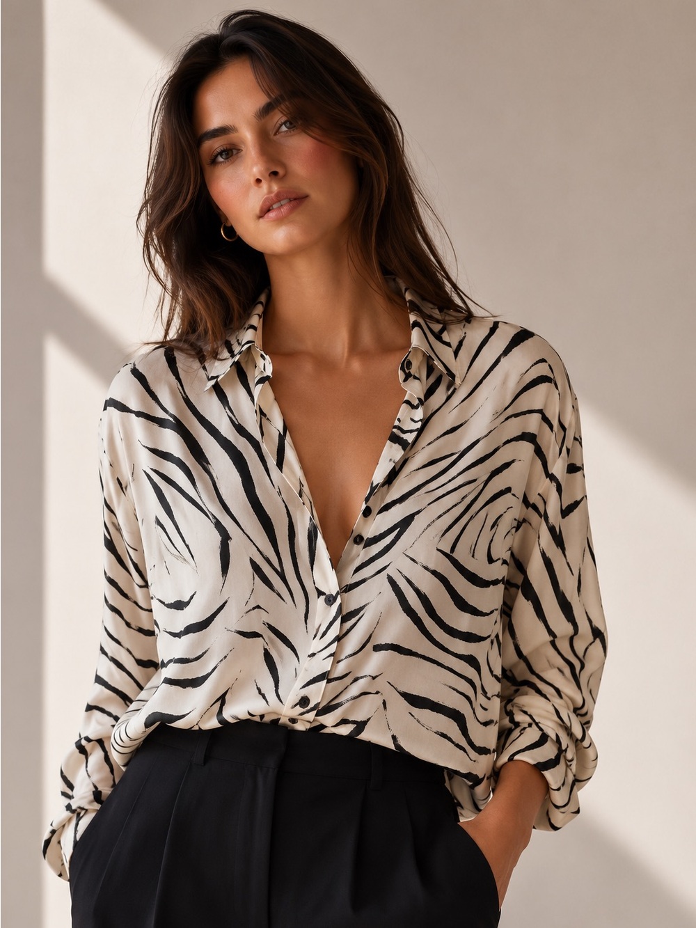 ZARA Black & White Zebra Print Oversized Satin Button-Up Blouse Size Small